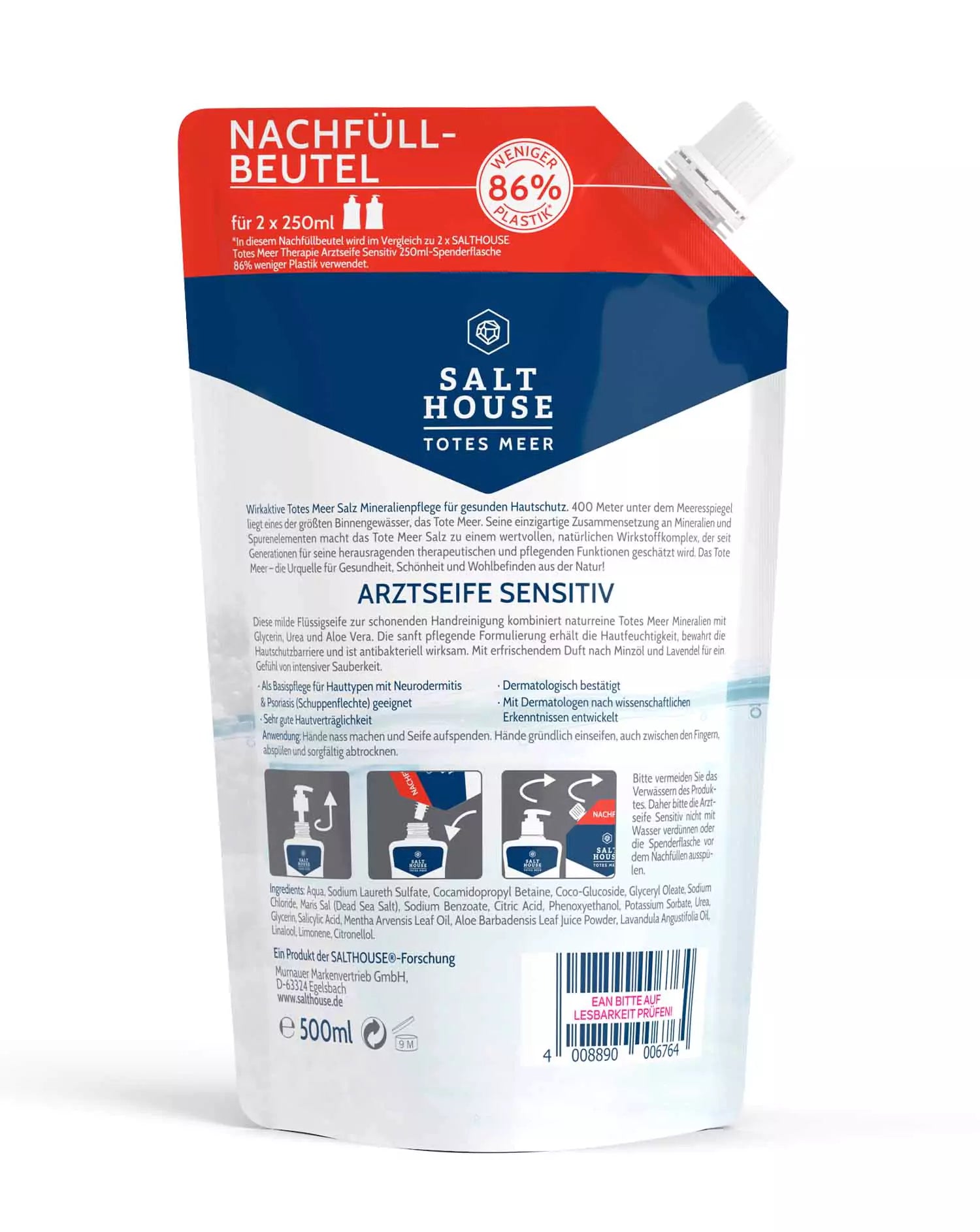 SALTHOUSE® Original Totes Meer Therapie | Arzteseife sensitive | Nachfüllbeutel | 500 ml