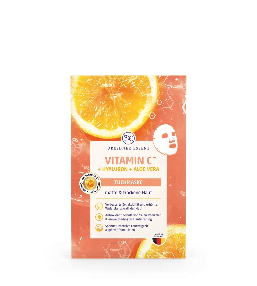 Dresde Essenz® | Masque en feuille | Vitamine C + Acide Hyaluronique + Aloe Vera