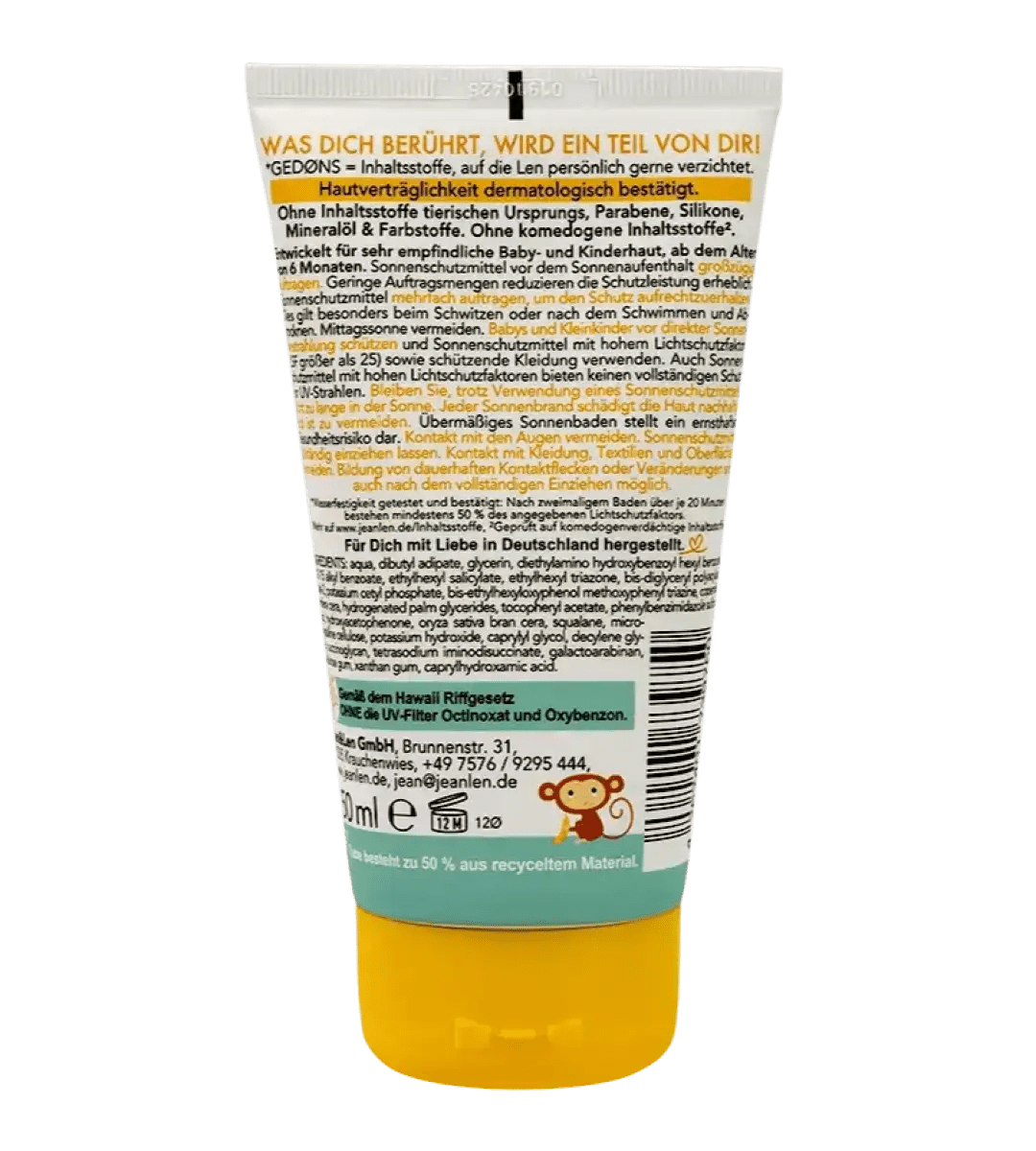 Jean & Len® | Crème solaire pour peaux sensibles | Bébé et enfant FPS 50+ | 150 ml