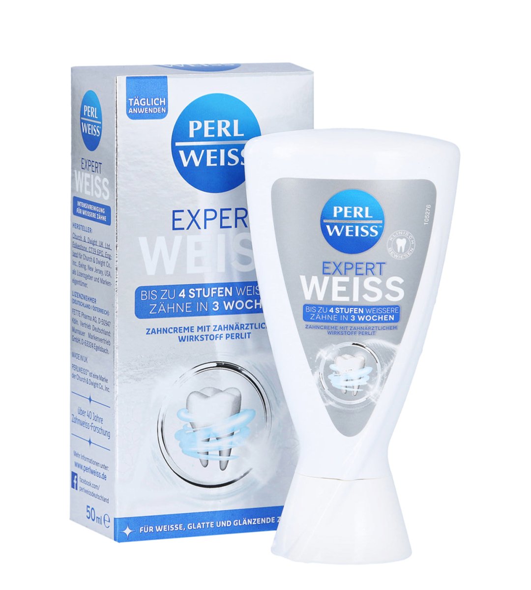 Perlweiss® | Expert Weiss Zahncreme | Bis zu 4 Stufen weissere Zähne in 3 Wochen | 50 ml