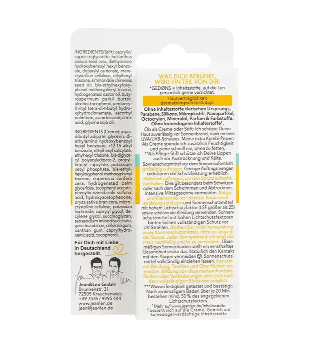 Jean & Len® | 2in1 Sonnenschutz für Lippen und Gesicht | LSF 50+ | 20ml + 3g