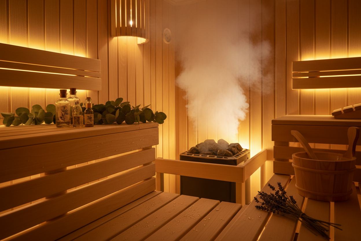 Generiere ein Hintergurndbild, dass für Saunaaufgüsse werben soll,