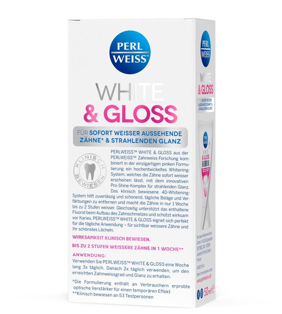 Perlweiss® | White & Gloss Zahncreme | 2 Stufen weissere Zähne in 1 Woche | 50 ml