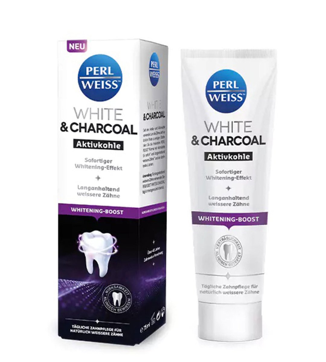 Perlweiss® | White & Charcoal Zahncreme | Aktivkohle | sofortiger Whitening-Effekt | 75 ml